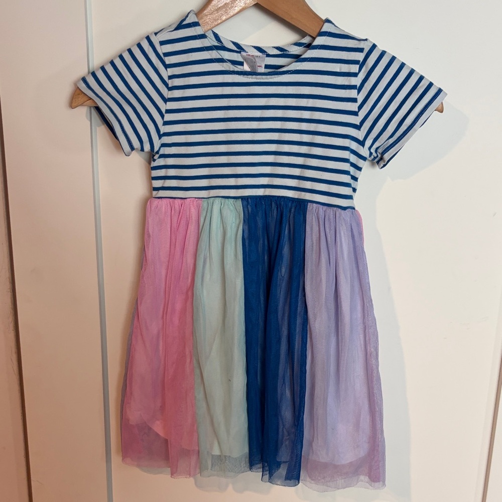 Girls Hanna Andersson Blue Striped Rainbow Tulle Dress size 4